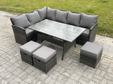 Fimous Outdoor Rattan Garden Furniture Corner Sofa Set with Rectangular Dining Table 3 Small Footstools Patio Wicker Rattan Set Dark Grey Mixed