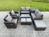 Fimous 9 Seater Rattan Garden Furniture Set Patio Outdoor Lounge Sofa Set with Rectangular Coffee Table 3 Footstools Love Sofa Side Table Dark Grey Mixed
