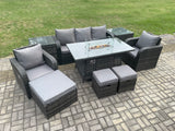 Fimous Wicker Rattan Garden Furniture Sofa set Gas Fire Pit Dining Table Indoor Outdoor with 2 Side Table Chair 3 Footstools
