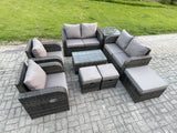 Fimous 9 Seater Rattan Garden Furniture Set Patio Outdoor Lounge Sofa Set with Rectangular Coffee Table 3 Footstools Love Sofa Side Table Dark Grey Mixed