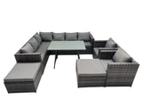 Fimous 10 seater Outdoor PE Rattan Sofa Set with Dining Table Patio Garden Furniture Sets with 2 Chair 2 Big Stools Dark Grey Mixed