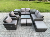Fimous 9 Seater Rattan Garden Furniture Set Patio Outdoor Lounge Sofa Set with Rectangular Coffee Table 3 Footstools Love Sofa 2 Side Tables Dark Grey Mixed