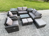 Fimous 9 Seater Rattan Garden Furniture Set Patio Outdoor Lounge Sofa Set with Rectangular Coffee Table 3 Footstools Love Sofa 2 Side Tables Dark Grey Mixed
