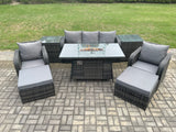 Fimous Wicker Rattan Garden Furniture Sofa Set Gas Fire Pit Dining Table Indoor Outdoor with 2 Side Table Chair 2 Big Footstool