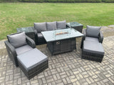 Fimous Wicker Rattan Garden Furniture Sofa Set Gas Fire Pit Dining Table Indoor Outdoor with 2 Side Table Chair 2 Big Footstool
