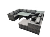 Fimous 9 seater Outdoor PE Rattan Sofa Set with Dining Table Patio Garden Furniture Sets with 2 Chair Big Stool Side Table Dark Grey Mixed