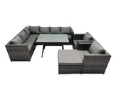 Fimous 9 seater Outdoor PE Rattan Sofa Set with Dining Table Patio Garden Furniture Sets with 2 Chair Big Stool Dark Grey Mixed