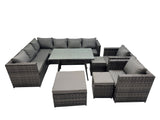 Fimous 11 seater Outdoor PE Rattan Sofa Set with Dining Table Patio Garden Furniture Sets with 2 Chair 3 Stools Dark Grey Mixed