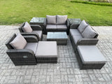 Fimous High Back Rattan Garden Furniture Set with Loveseat Sofa Rectangular Coffee Table 2 Side Tables 2 Big Footstool Indoor Outdoor Patio Lounge Sofa Set Dark Grey Mixed