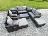 Fimous High Back Rattan Garden Furniture Set with Loveseat Sofa Rectangular Coffee Table 2 Side Tables 2 Big Footstool Indoor Outdoor Patio Lounge Sofa Set Dark Grey Mixed