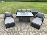 Fimous Wicker Rattan Garden Furniture Sofa Set Gas Fire Pit Dining Table Indoor Outdoor with Side Table Chair 2 Big Footstool