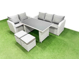 Fimous Garden Furniture Set PE Ratten Garden Sofa Set with Rectangular Dining Table 2 Small Stools Light Grey