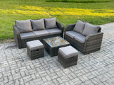 Fimous PE Rattan Garden Furniture Sets 7 Seater Outdoor Lounge Sofa Set Square Coffee Table 2 Small Footstools