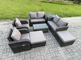 Fimous 8 Seater Rattan Garden Furniture Set Patio Outdoor Lounge Sofa Set with Rectangular Coffee Table 2 Big Footstool Love Sofa Side Table Dark Grey Mixed