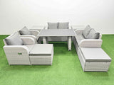 Fimous 9 Pieces Outdoor PE Rattan Sofa Reclining Chair Set Patio Garden Furniture Sets with Cushions 2 Side Tables 2 Big Stools Light Grey