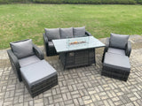 Fimous Rattan Outdoor Garden Furniture Sofa Set Gas Fire Pit Dining Table Gas Heater with 2 Big Footstool Dark Grey Mixed
