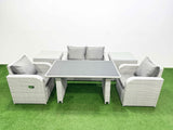 Fimous Outdoor Rattan Garden Furniture Dining Set 4 seater Patio Rectangular Table Love Sofa Reclining Chair Set with 2 Side Tables