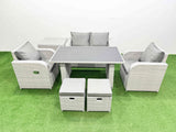Fimous Outdoor Rattan Garden Furniture Dining Set 6 seater Patio Rectangular Table Love Sofa Reclining Chair Set with Side Table 2 Small Stools