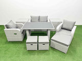 Fimous Outdoor Rattan Garden Furniture Dining Set 7 seater Patio Rectangular Table Love Sofa Reclining Chair Set with 2 Side Tables 3 Stools