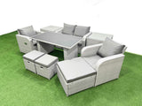 Fimous Outdoor Rattan Garden Furniture Dining Set 7 seater Patio Rectangular Table Love Sofa Reclining Chair Set with 2 Side Tables 3 Stools