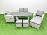 Fimous Outdoor Rattan Garden Furniture Dining Set 7 seater Patio Rectangular Table Love Sofa Reclining Chair Set with Side Table 3 Stools