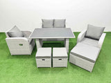 Fimous Outdoor Rattan Garden Furniture Dining Set 7 seater Patio Rectangular Table Love Sofa Reclining Chair Set with 3 Stools