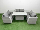 Fimous  6 Seater PE Wicker Rattan Furniture Sofa Sets with Adjustable Lifting Dining or Coffee Table 2 Seater Love Sofa 2 Side Table Light Grey