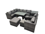 Fimous 11 seater Outdoor PE Rattan Sofa Set with Dining Table Patio Garden Furniture Sets with 2 Chair 3 Stools Side Table Dark Grey Mixed