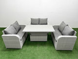 Fimous  6 Seater PE Wicker Rattan Furniture Sofa Sets with Adjustable Lifting Dining or Coffee Table 2 Seater Love Sofa Light Grey