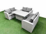 Fimous  6 Seater PE Wicker Rattan Furniture Sofa Sets with Adjustable Lifting Dining or Coffee Table 2 Seater Love Sofa Light Grey