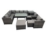 Fimous 11 seater Outdoor PE Rattan Sofa Set with Dining Table Patio Garden Furniture Sets with 2 Chair 3 Stools Side Table Dark Grey Mixed