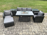 Fimous Wicker Rattan Garden Furniture Sofa Set Gas Fire Pit Dining Table Indoor Outdoor with 2 Side Tables Chair Footstool