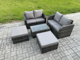 Fimous Rattan Garden Furniture Set 6 Seater Patio Outdoor Lounge Sofa Set with Rectangular Coffee Table 2 Big Footstool Dark Grey Mixed
