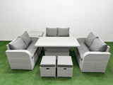 Fimous  8 Seater PE Wicker Rattan Furniture Sofa Sets with Adjustable Lifting Dining or Coffee Table 2 Seater Love Sofa 2 Stool Side Table Light Grey