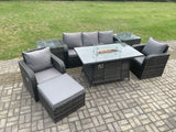 Fimous Wicker Rattan Garden Furniture Sofa Set Gas Fire Pit Dining Table Indoor Outdoor with 2 Side Tables Chair Footstool