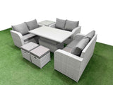 Fimous  8 Seater PE Wicker Rattan Furniture Sofa Sets with Adjustable Lifting Dining or Coffee Table 2 Seater Love Sofa 2 Stool Side Table Light Grey