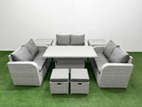 Fimous  8 Seater PE Wicker Rattan Furniture Sofa Sets with Adjustable Lifting Dining or Coffee Table 2 Seater Love Sofa 2 Stool 2 Side Table Light Grey