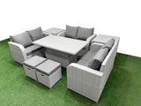Fimous  8 Seater PE Wicker Rattan Furniture Sofa Sets with Adjustable Lifting Dining or Coffee Table 2 Seater Love Sofa 2 Stool 2 Side Table Light Grey