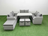 Fimous  9 Seater PE Wicker Rattan Furniture Sofa Sets with Adjustable Lifting Dining or Coffee Table 2 Seater Love Sofa 3 Stool 2 Side Table Light Grey