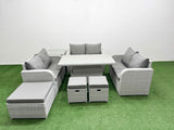 Fimous  9 Seater PE Wicker Rattan Furniture Sofa Sets with Adjustable Lifting Dining or Coffee Table 2 Seater Love Sofa 3 Stool Side Table Light Grey