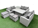 Fimous  9 Seater PE Wicker Rattan Furniture Sofa Sets with Adjustable Lifting Dining or Coffee Table 2 Seater Love Sofa 3 Stool Side Table Light Grey