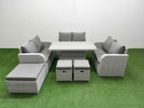 Fimous  9 Seater PE Wicker Rattan Furniture Sofa Sets with Adjustable Lifting Dining or Coffee Table 2 Seater Love Sofa 3 Stool Light Grey