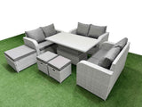 Fimous  9 Seater PE Wicker Rattan Furniture Sofa Sets with Adjustable Lifting Dining or Coffee Table 2 Seater Love Sofa 3 Stool Light Grey