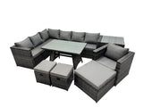 Fimous 10 seater Outdoor PE Rattan Sofa Set with Dining Table Patio Garden Furniture Sets with Chair 3 Stools Side Table Dark Grey Mixed