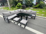 Fimous Aluminum Outdoor Garden Furniture Corner Sofa Adjustable Rising Lifting Dining Table Sets Black Tempered Dark Grey 9 Seater