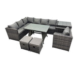 Fimous 9 seater Outdoor PE Rattan Sofa Set with Dining Table Patio Garden Furniture Sets with Chair 2 Small Stools Dark Grey Mixed