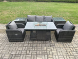 Fimous Outdoor Rattan Garden Furniture Set Propane Gas Fire Pit Table Burner with Lounge Sofa 2 Side Tables