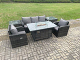 Fimous Outdoor Rattan Garden Furniture Set Propane Gas Fire Pit Table Burner with Lounge Sofa 2 Side Tables