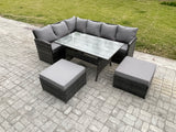 Fimous 8 Seater Outdoor Rattan Garden Furniture Set with Rectangular Dining Table 2 Big Footstool Patio Wicker Corner Sofa Set Dark Grey Mixed