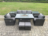 Fimous Wicker Rattan Garden Furniture Sofa Set Gas Fire Pit Dining Table Indoor Outdoor with 2 Side Table Chair Footstool